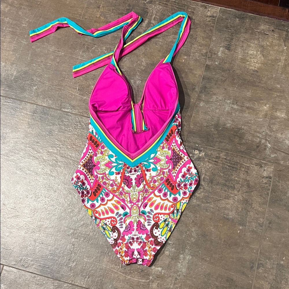 Trina Turk Hawaiian Garden Border Halter Plunge One-Piece Swimsuit – Size 6 - Picture 5 of 6